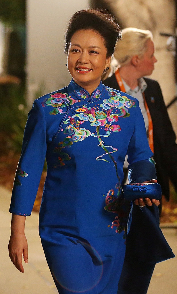 G20峰会领导人夫人合影 彭丽媛身着绣花旗袍